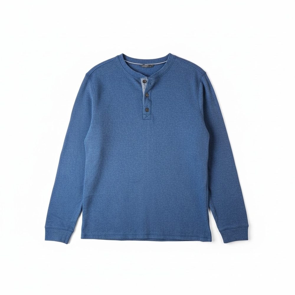 Members Mark Men’s Large Waffle Knit Thermal Henley Shirt Blue